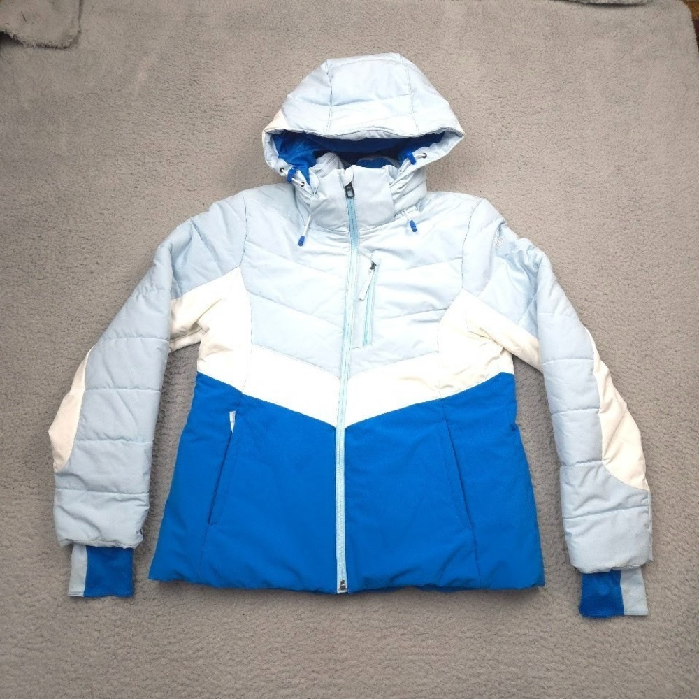 Spyder Womens Size 10 Ski Jacket Blue White Hooded Primaloft EXO Coat‎